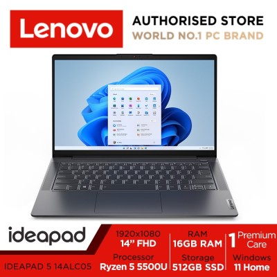 联想IdeaPad 5 14ALC05 | 14英寸全高清（1920x1080）300尼特| AMD Ryzen 5 5500U | 16GB RAM | 512GB SSD | 1.39Kg |石墨灰颜色| Win 11 Home | 1Y高级护理