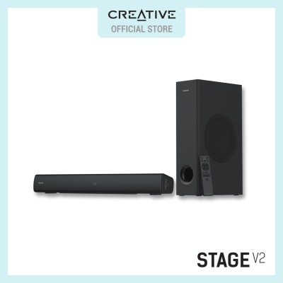 Creative Stage V2-2.1条形音箱，带低音炮、清晰对话和Sound Blaster环绕声、蓝牙5.0、电视ARC、光学和USB音频、壁挂式、可调节低音和高音，适用于电视